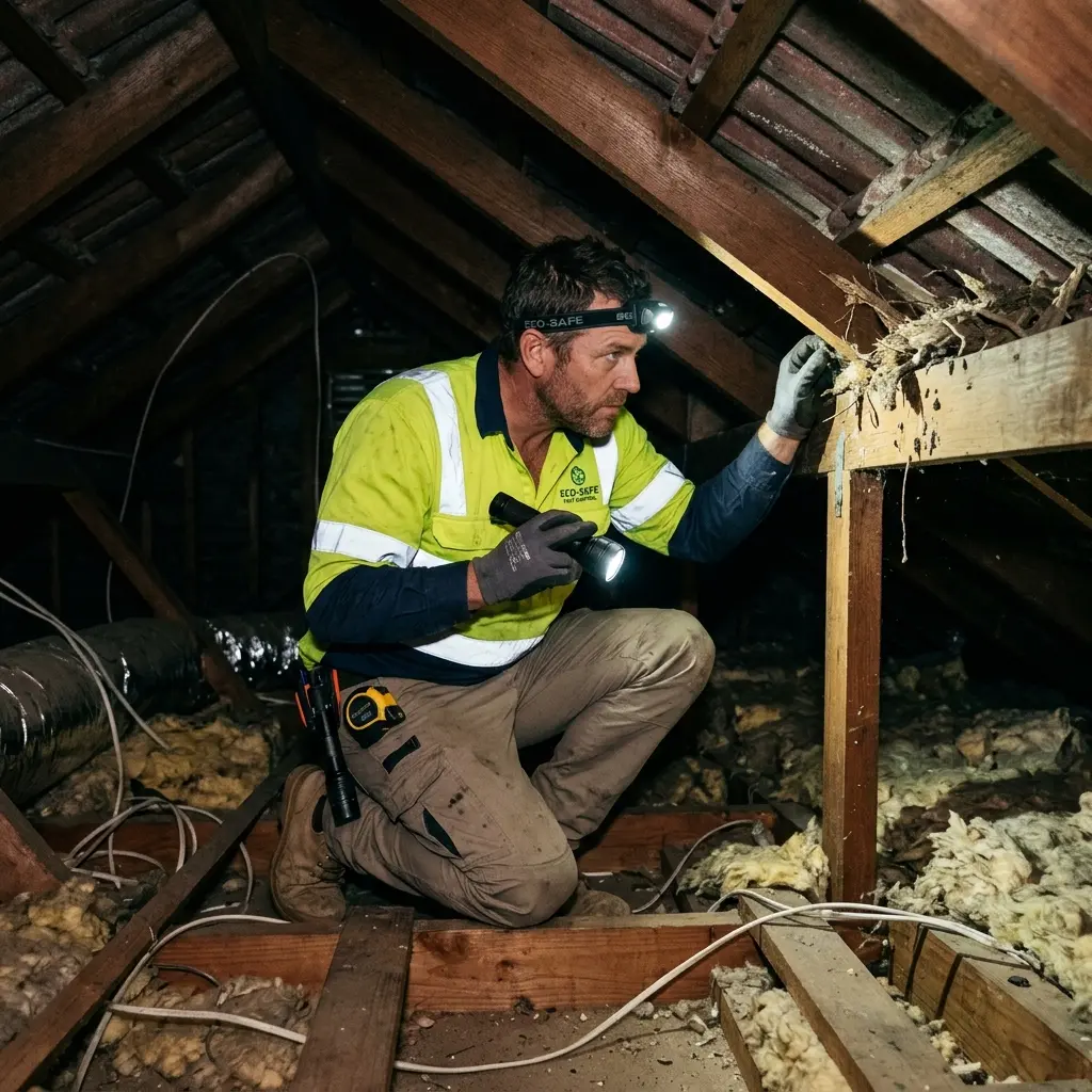 Technician inspecting a roof cavity for a dead animal in Berwick